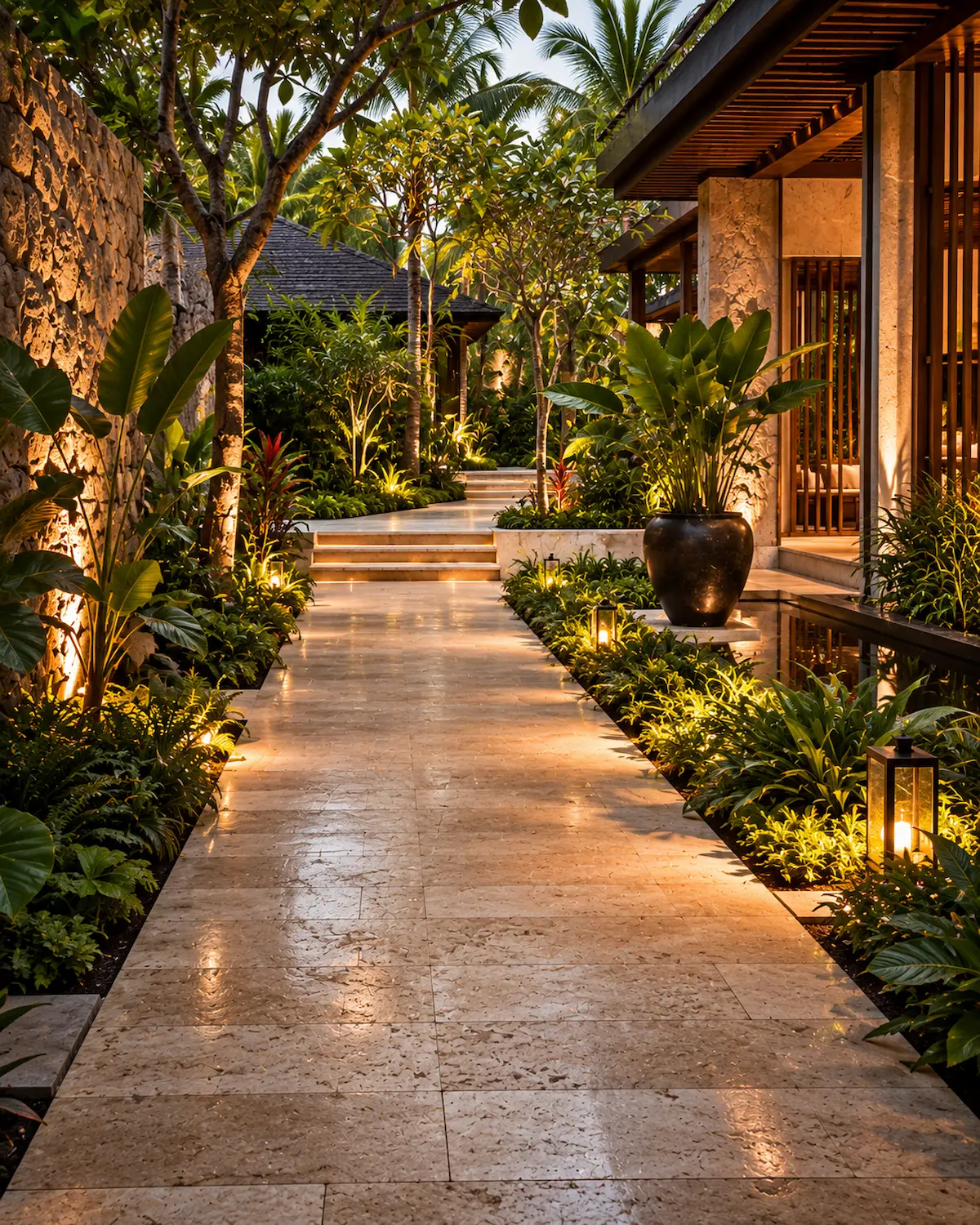 Guest-ready tropical pathway and villa arrival area in Bali