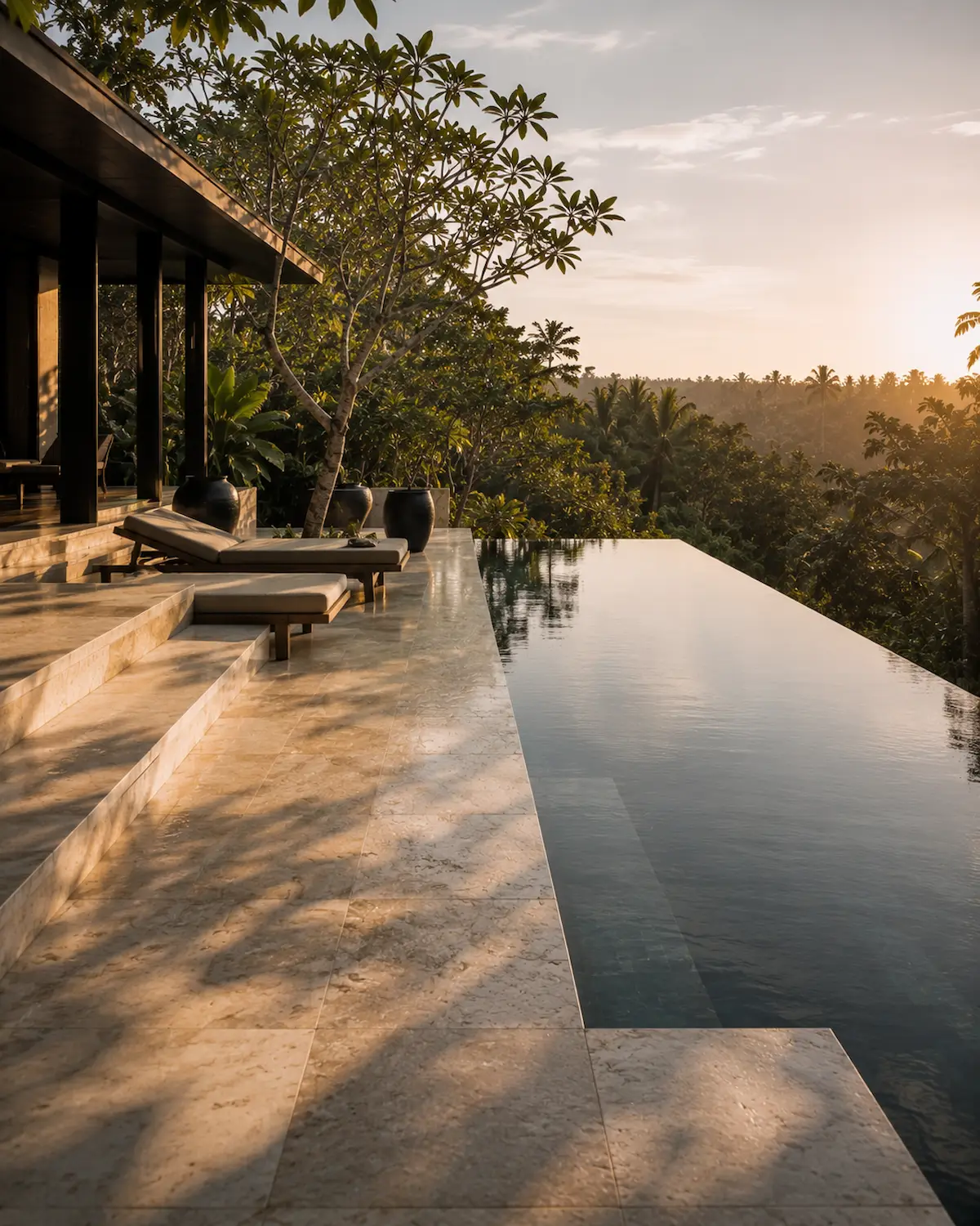 Luxury infinity pool terrace in Bali maintained through premium exterior care