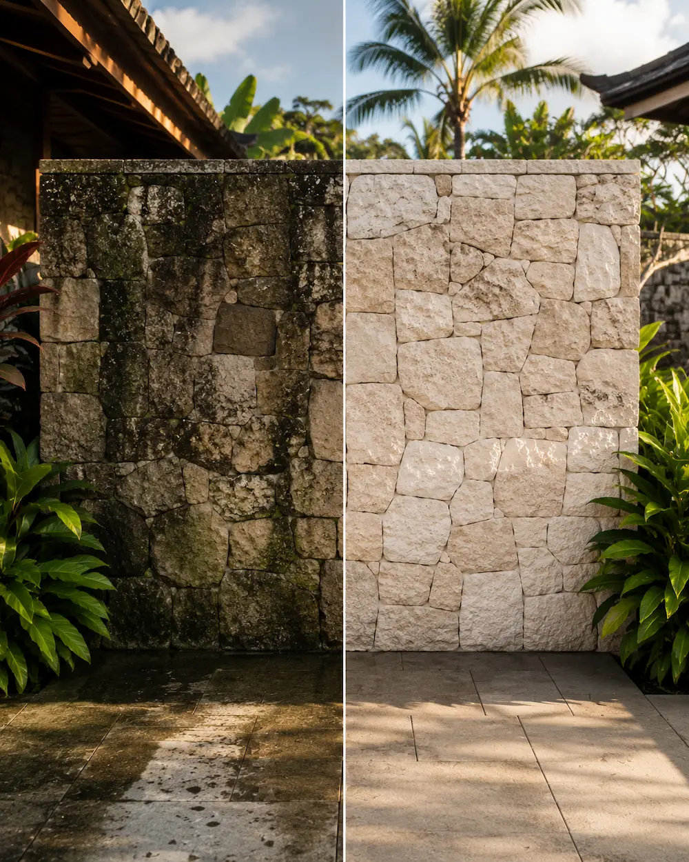 Stone wall before and after premium exterior care Bali restoration